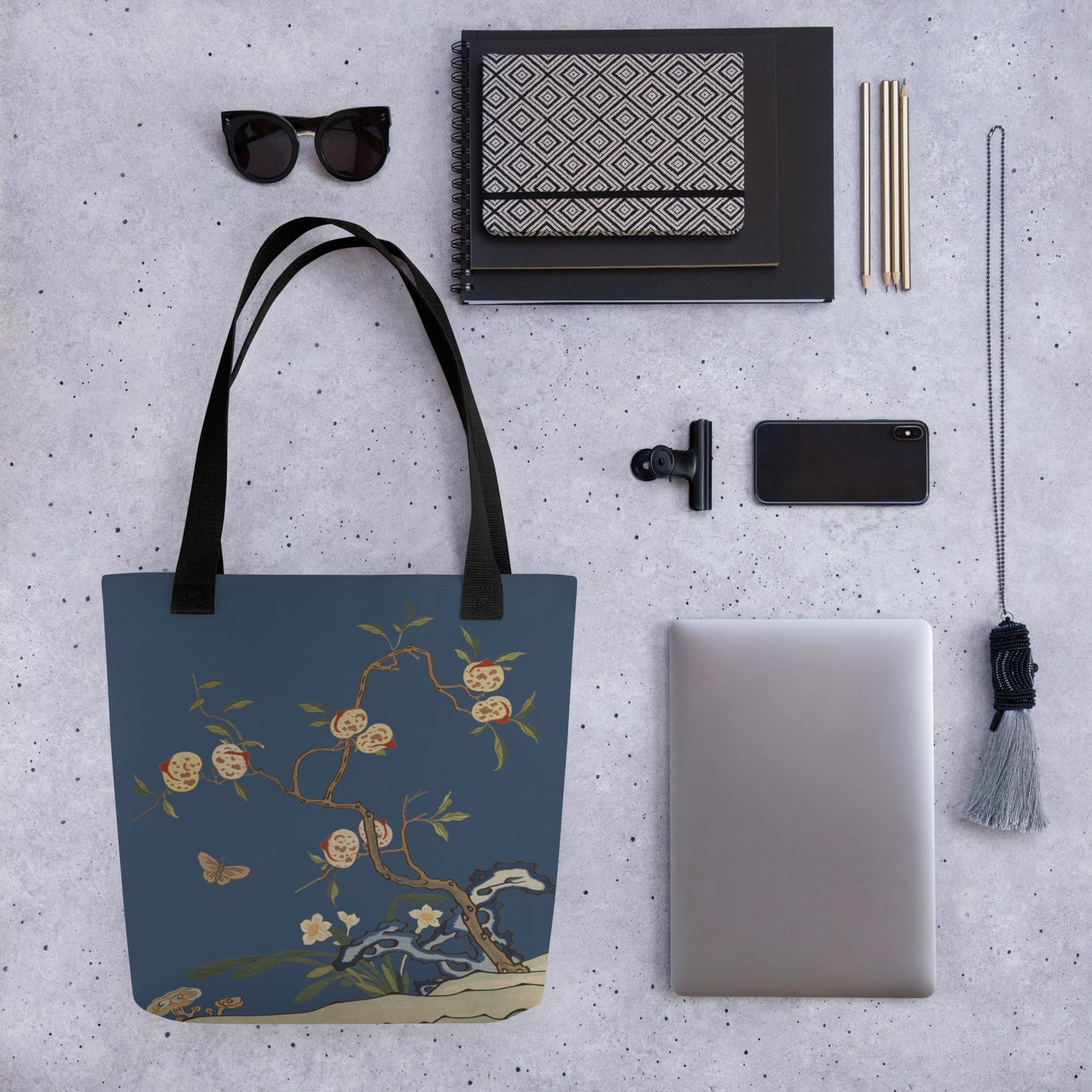 Kesi Flower Album｜Narcissus and Peaches｜Tote bag｜Dark blue