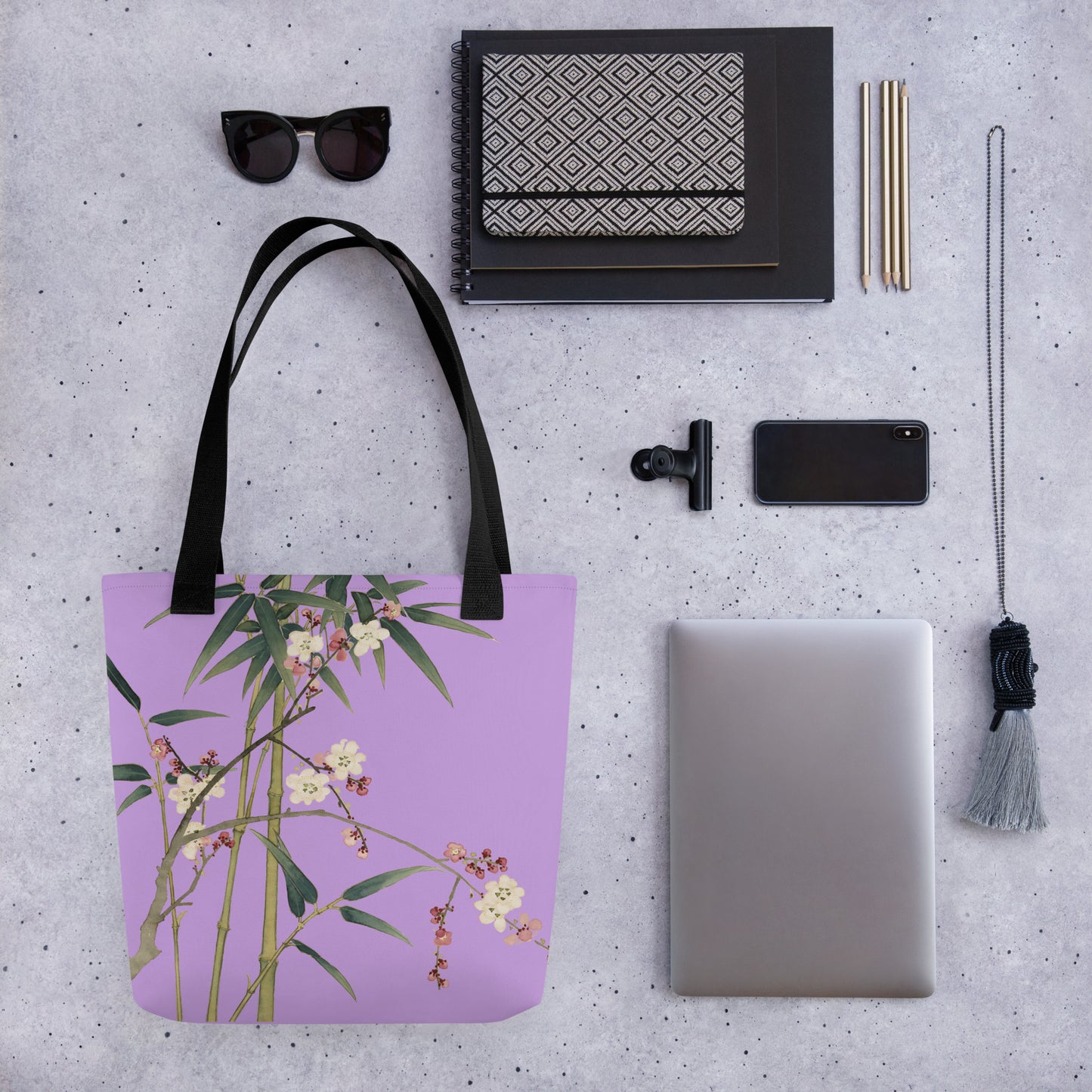 12月の花神様｜Crimson Plum Blossom and Lush Green Bamboo｜Tote bag｜Lilac