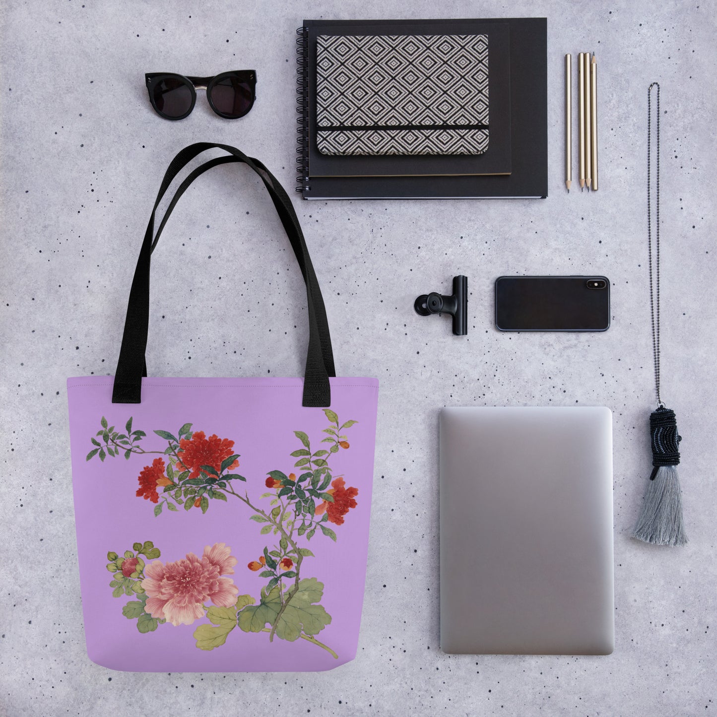 The Spirit of Flowers in Twelve Months｜Hollyhock and Pomegranate in Bloom｜Tote bag｜Lilac