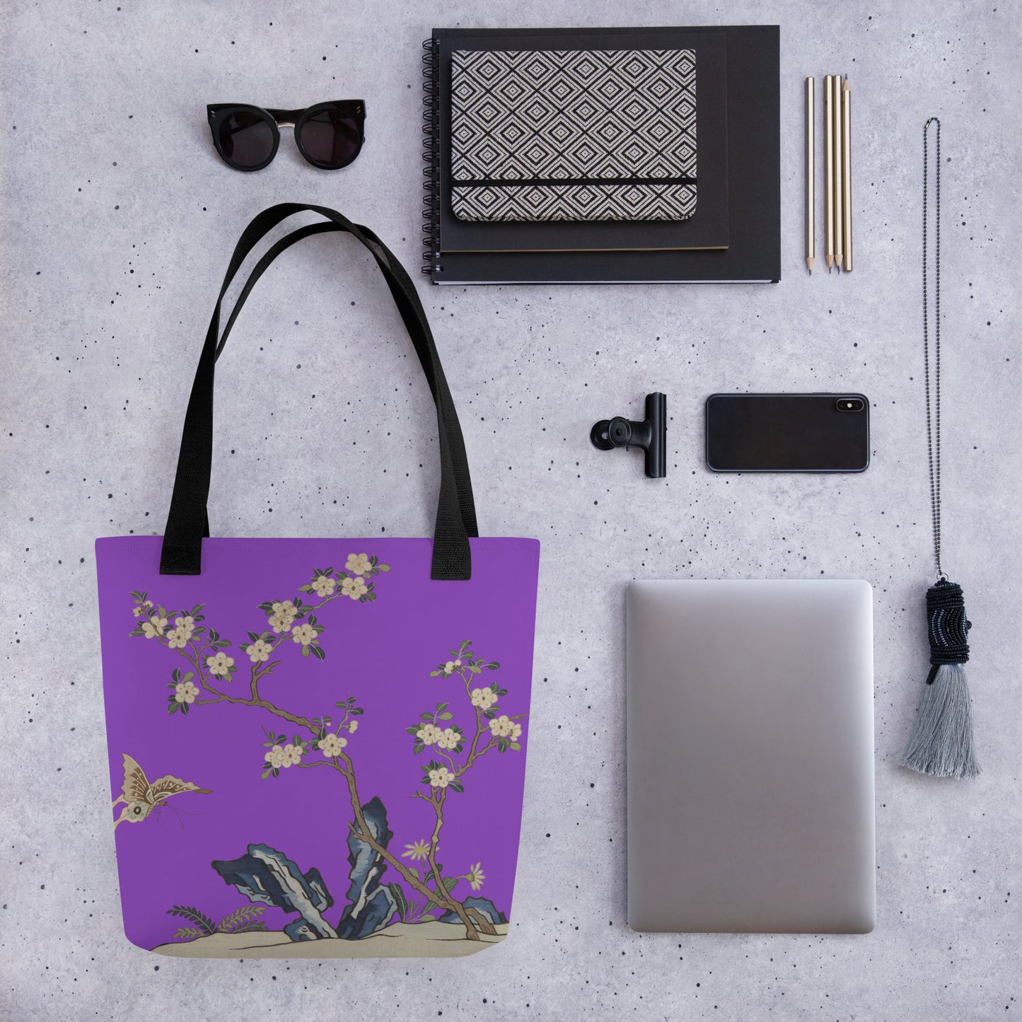 Kesi Flower Album｜White Plum Blossoms and Butterfly｜Tote bag｜Purple