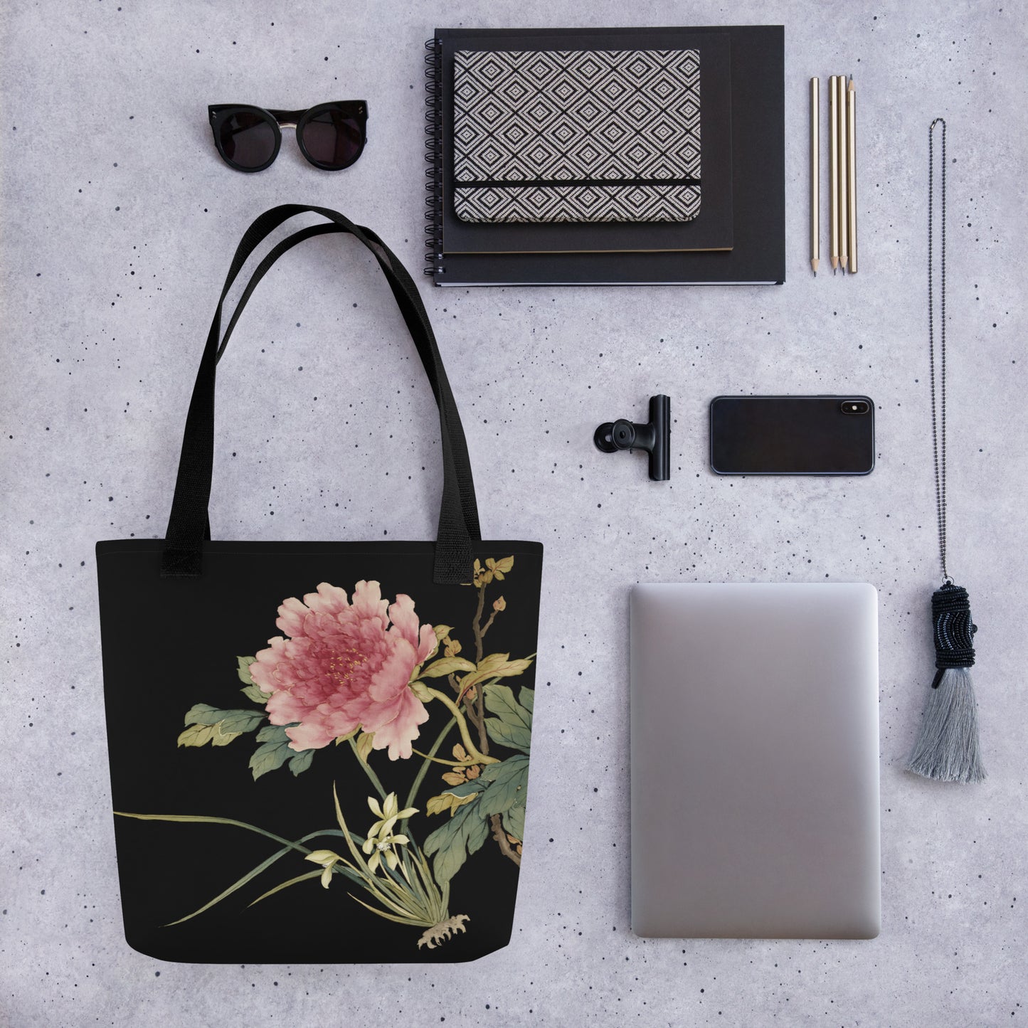 The Spirit of Flowers in Twelve Months｜Orchid and Tree Peony in Bloom｜Tote bag｜Black