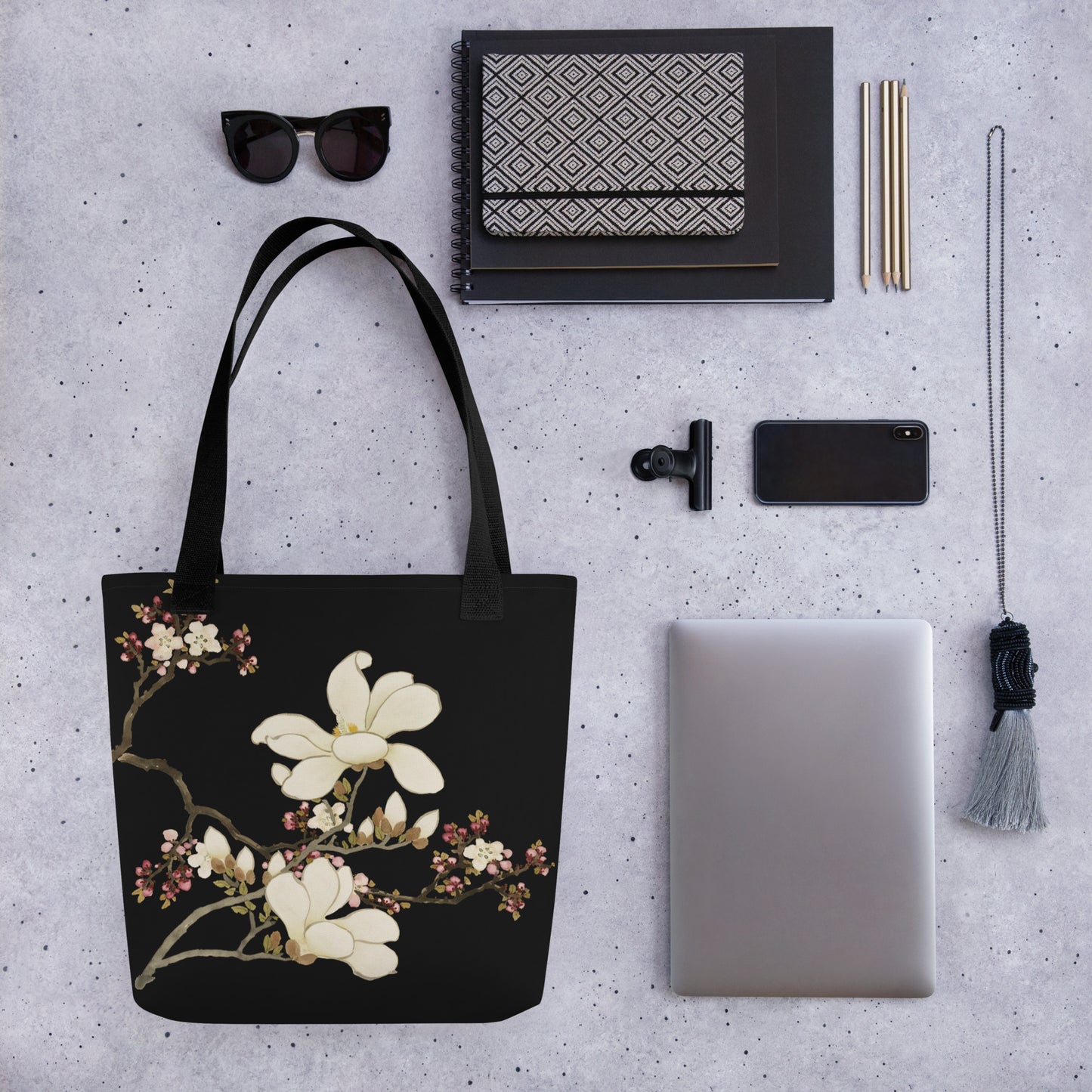 The Spirit of Flowers in Twelve Months｜Apricot and Lily Magnolia in Blossom｜Tote bag｜Black