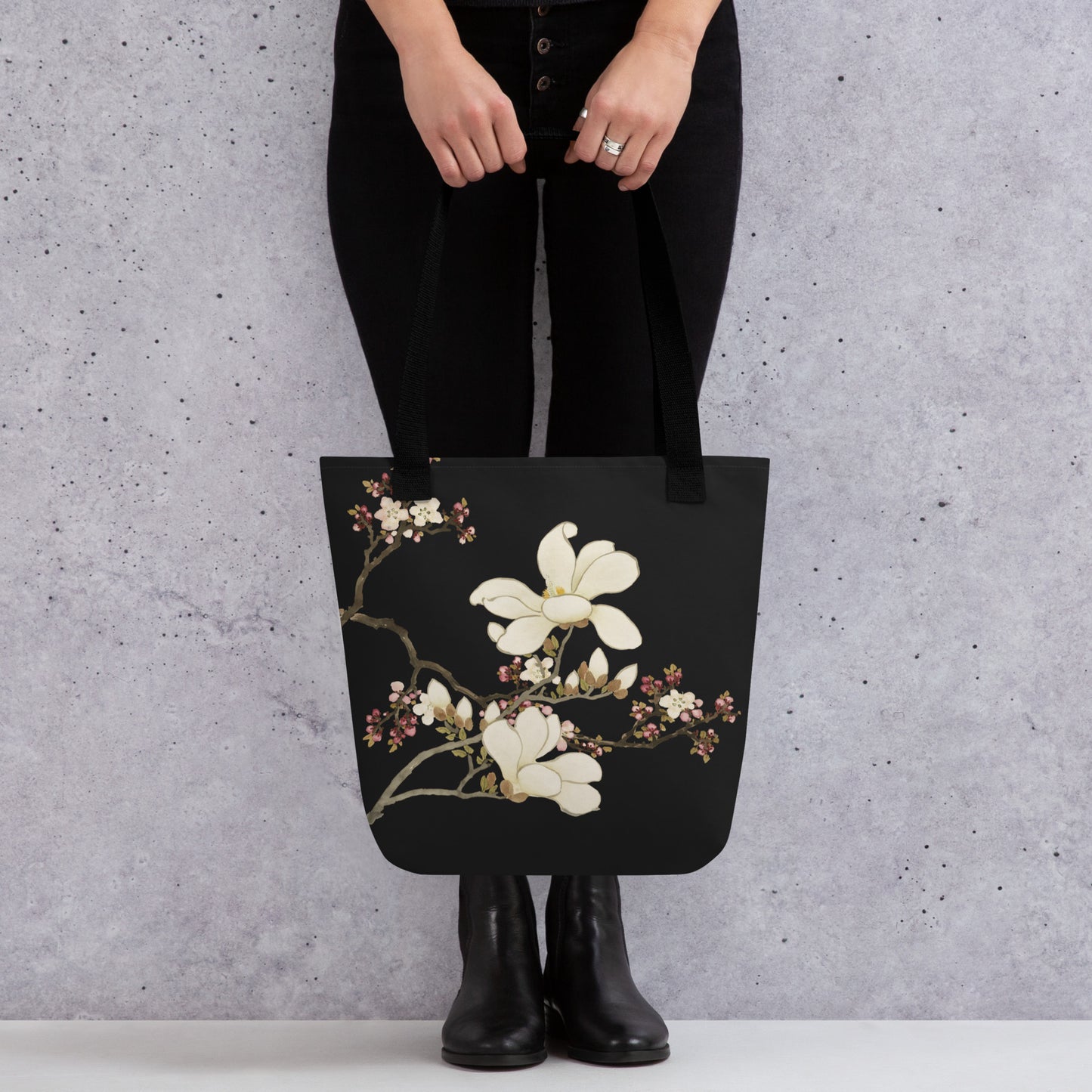 The Spirit of Flowers in Twelve Months｜Apricot and Lily Magnolia in Blossom｜Tote bag｜Black