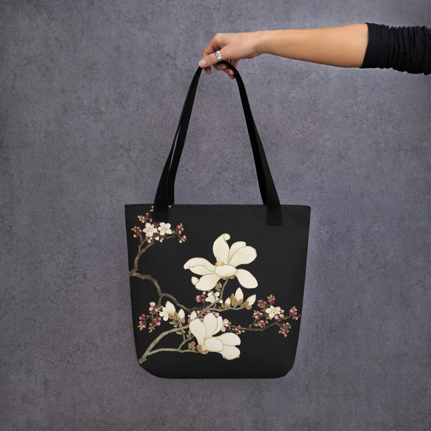 The Spirit of Flowers in Twelve Months｜Apricot and Lily Magnolia in Blossom｜Tote bag｜Black