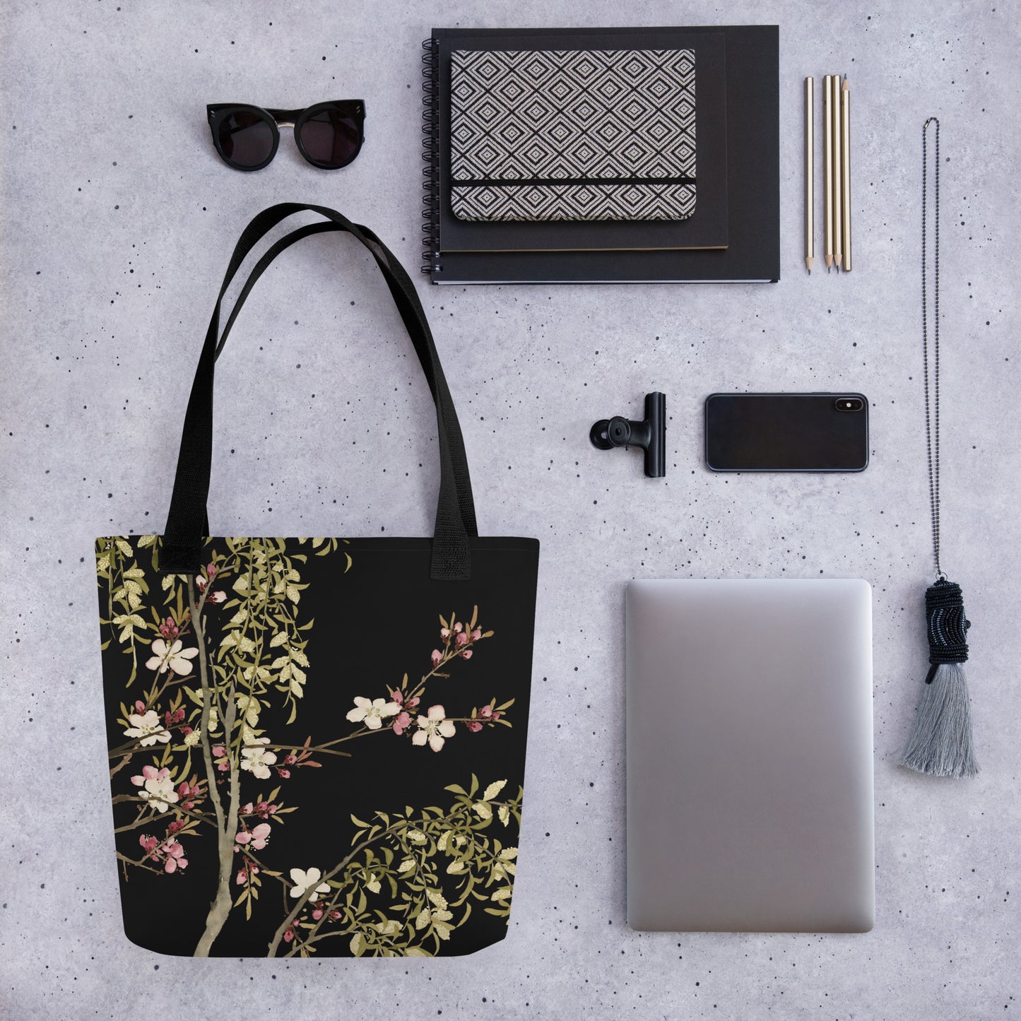 The Spirit of Flowers in Twelve Months｜Willow and Peach Blossom｜Tote bag｜Black