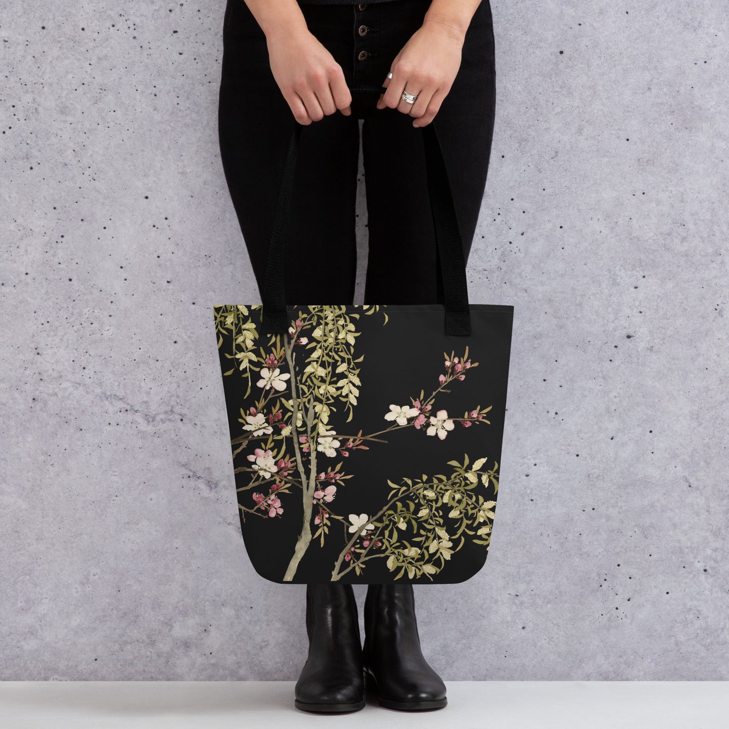 The Spirit of Flowers in Twelve Months｜Willow and Peach Blossom｜Tote bag｜Black