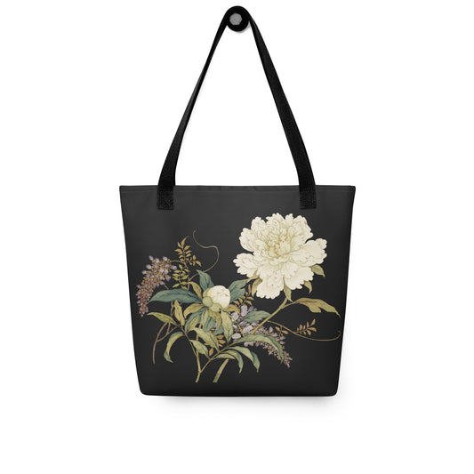 The Spirit of Flowers in Twelve Months｜Chinese Peony and Wisteria in Bloom｜Tote bag｜Black