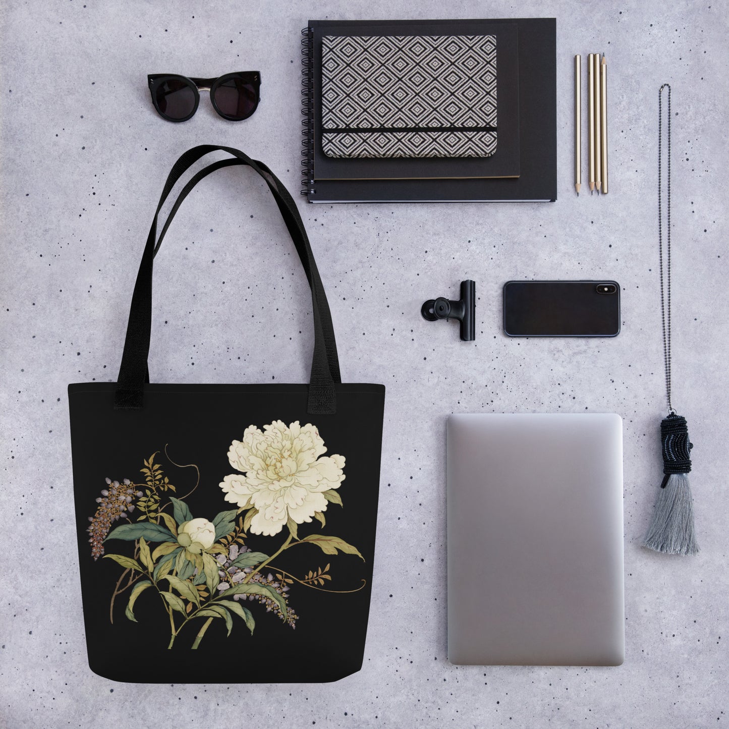 The Spirit of Flowers in Twelve Months｜Chinese Peony and Wisteria in Bloom｜Tote bag｜Black