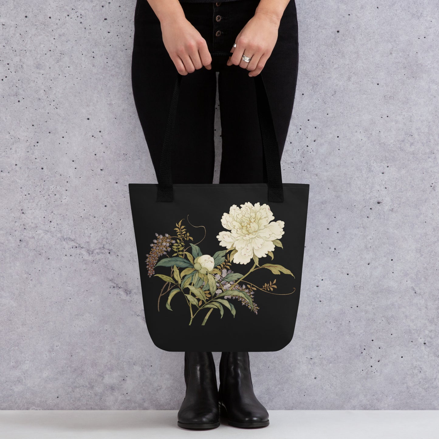 The Spirit of Flowers in Twelve Months｜Chinese Peony and Wisteria in Bloom｜Tote bag｜Black