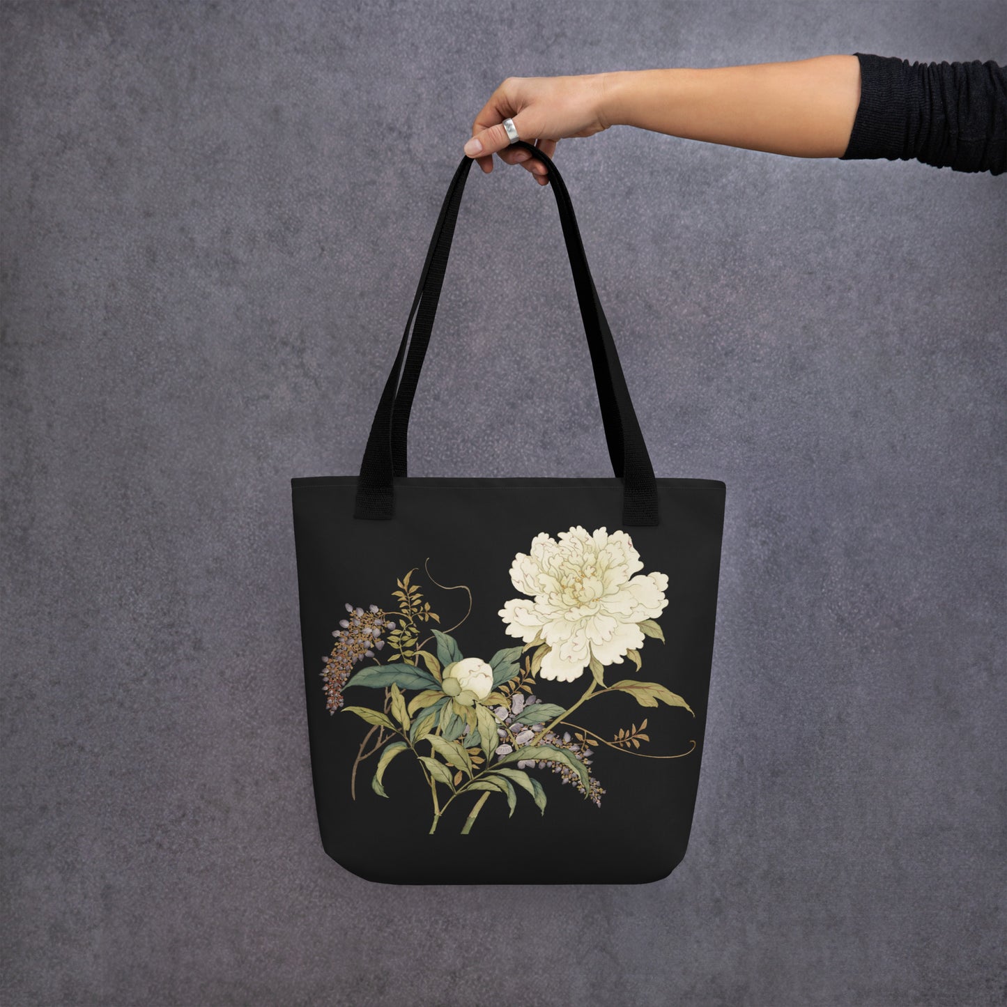 The Spirit of Flowers in Twelve Months｜Chinese Peony and Wisteria in Bloom｜Tote bag｜Black