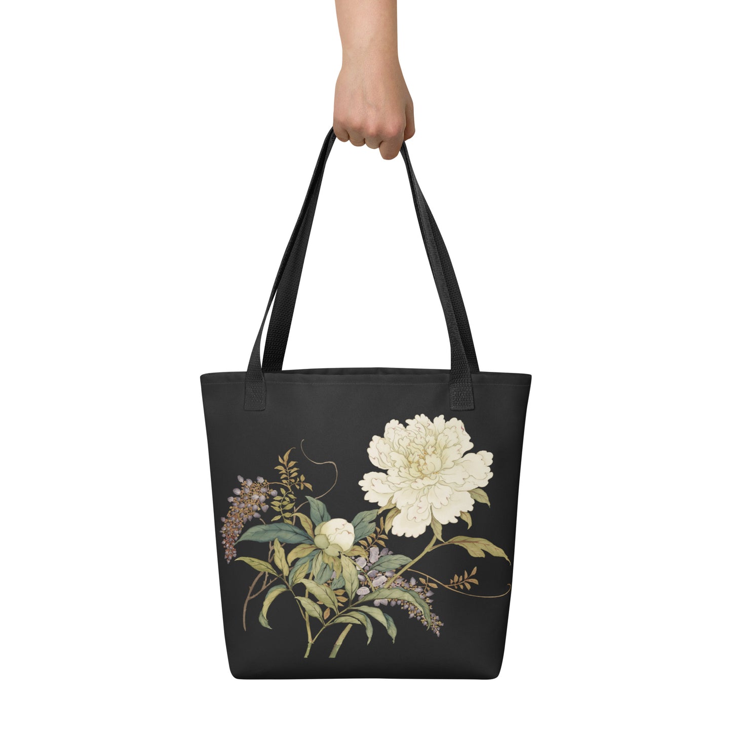 The Spirit of Flowers in Twelve Months｜Chinese Peony and Wisteria in Bloom｜Tote bag｜Black