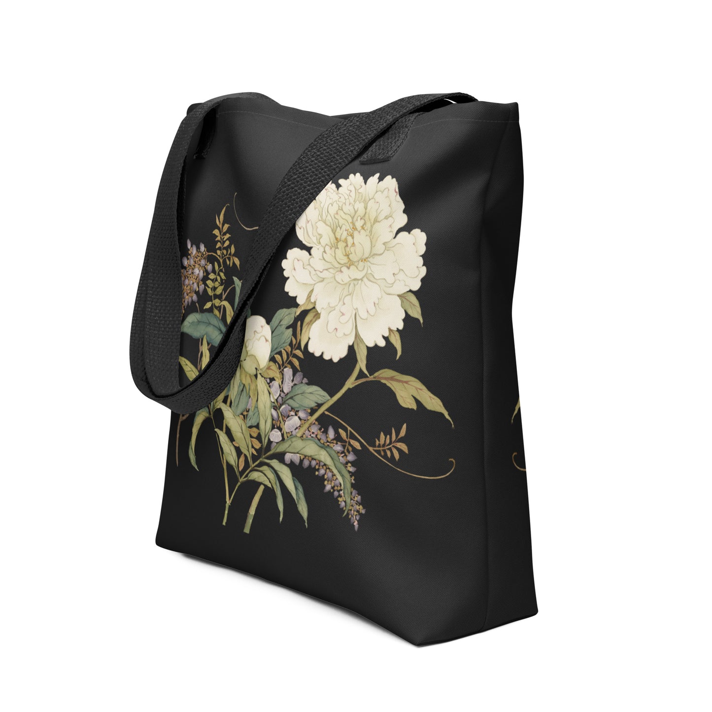 The Spirit of Flowers in Twelve Months｜Chinese Peony and Wisteria in Bloom｜Tote bag｜Black