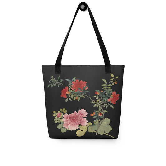 The Spirit of Flowers in Twelve Months｜Hollyhock and Pomegranate in Bloom｜Tote bag｜Black