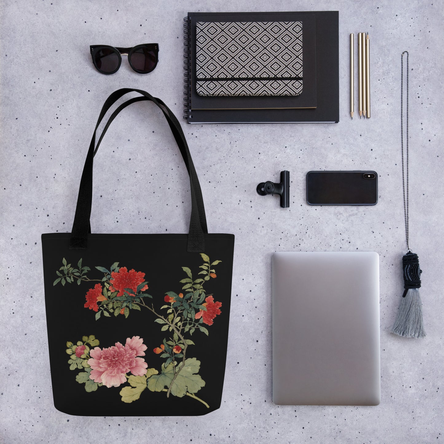 The Spirit of Flowers in Twelve Months｜Hollyhock and Pomegranate in Bloom｜Tote bag｜Black