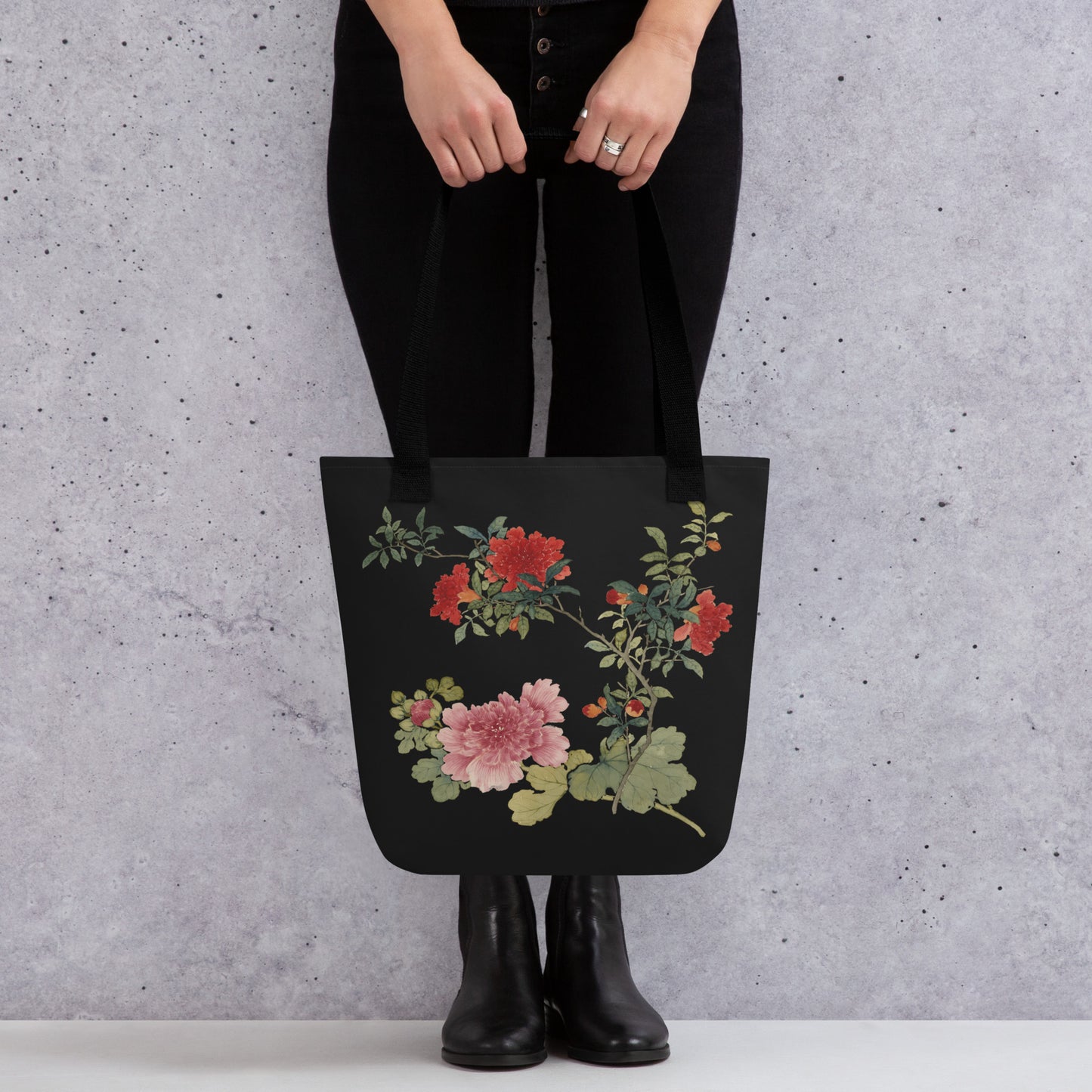 The Spirit of Flowers in Twelve Months｜Hollyhock and Pomegranate in Bloom｜Tote bag｜Black