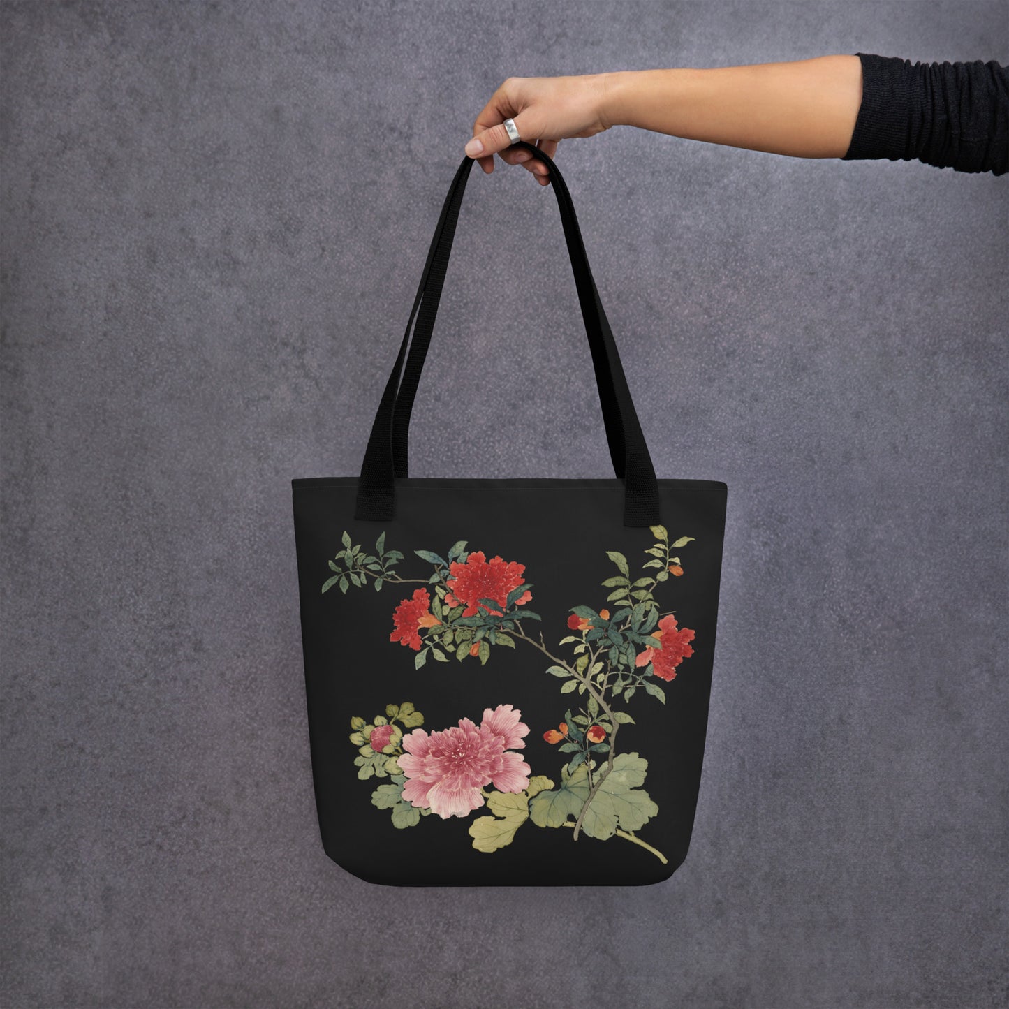 The Spirit of Flowers in Twelve Months｜Hollyhock and Pomegranate in Bloom｜Tote bag｜Black