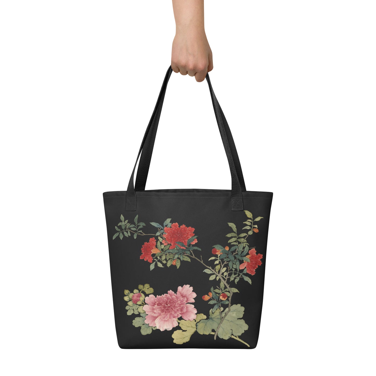 The Spirit of Flowers in Twelve Months｜Hollyhock and Pomegranate in Bloom｜Tote bag｜Black