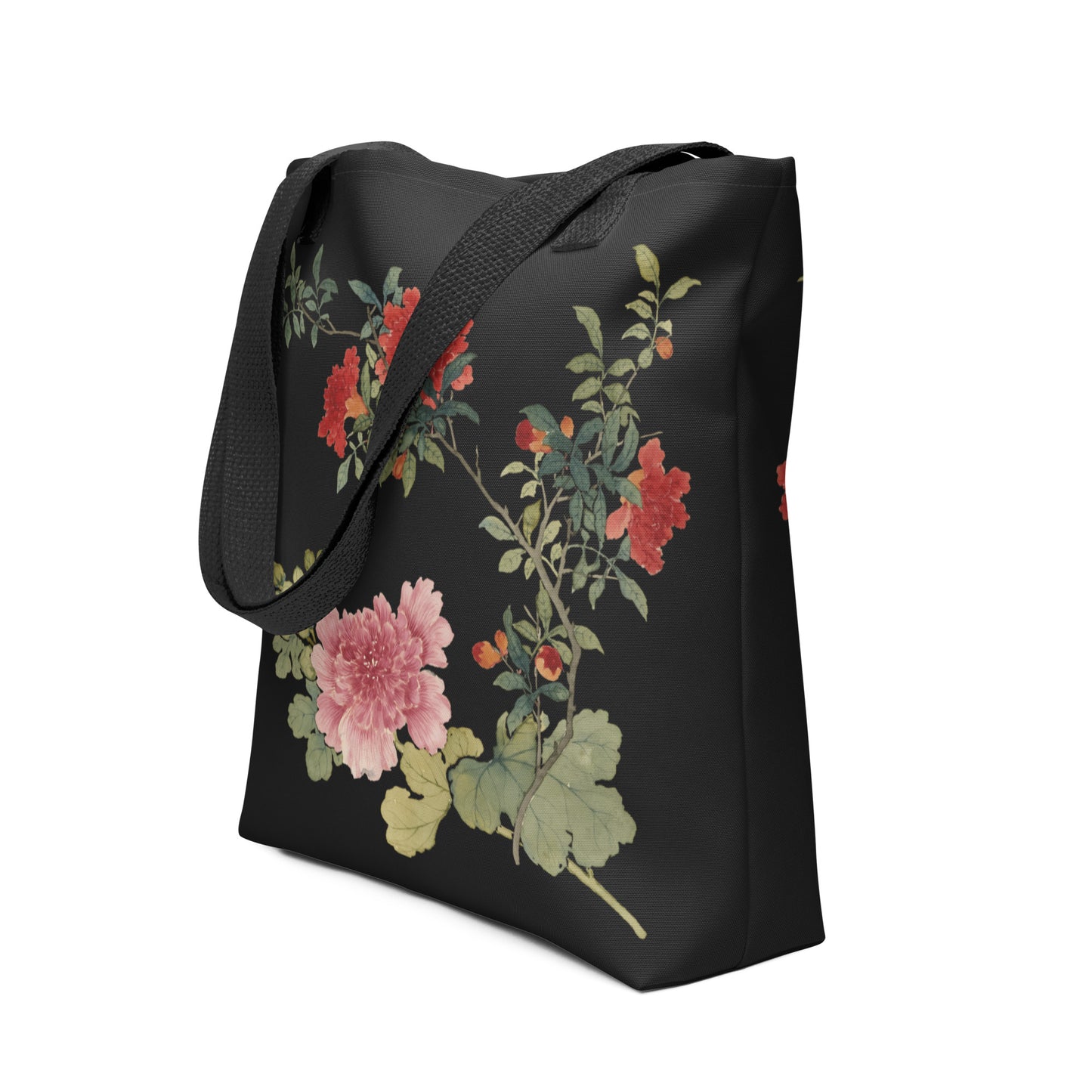 The Spirit of Flowers in Twelve Months｜Hollyhock and Pomegranate in Bloom｜Tote bag｜Black