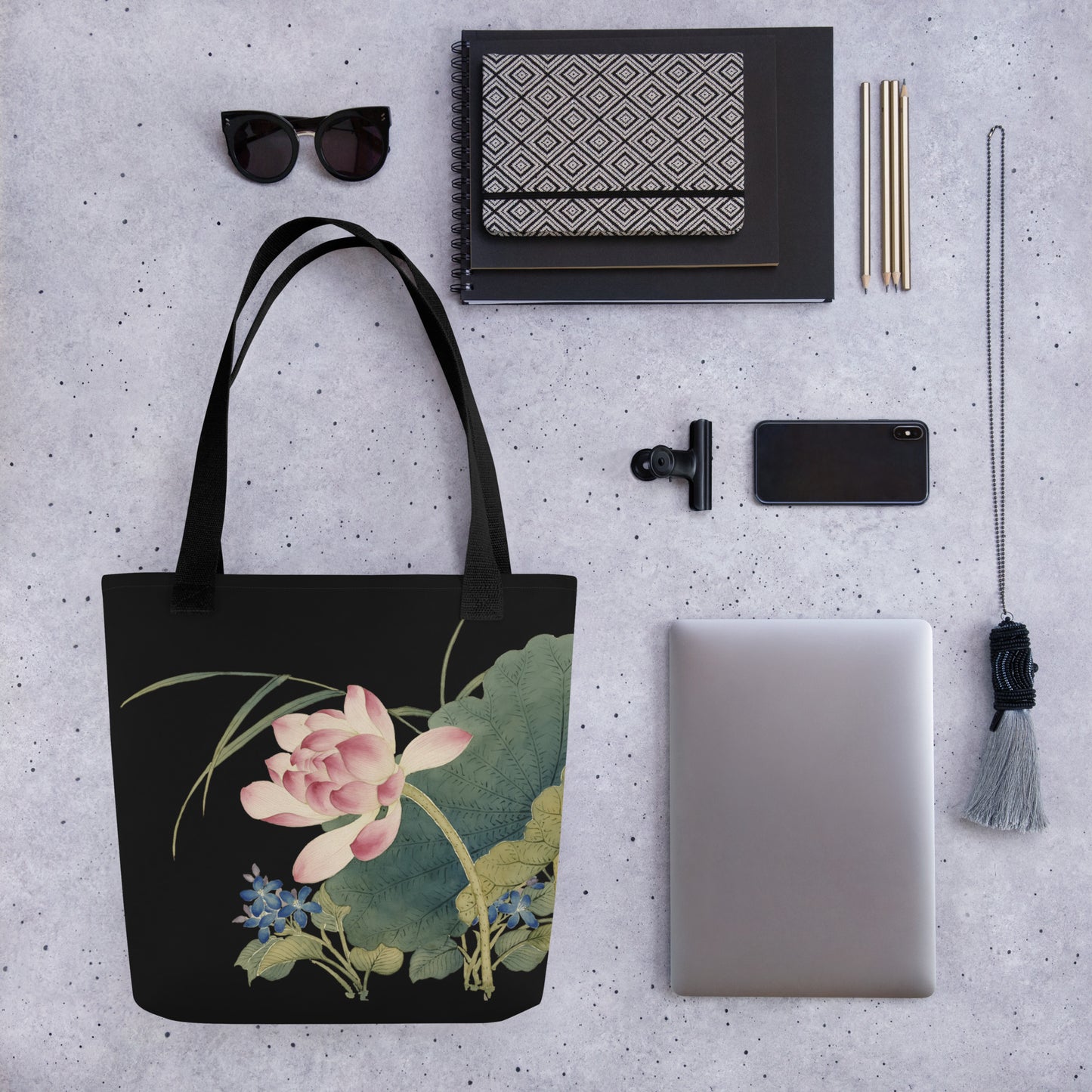 The Spirit of Flowers in Twelve Months｜Lotus in Bloom｜Tote bag｜Black