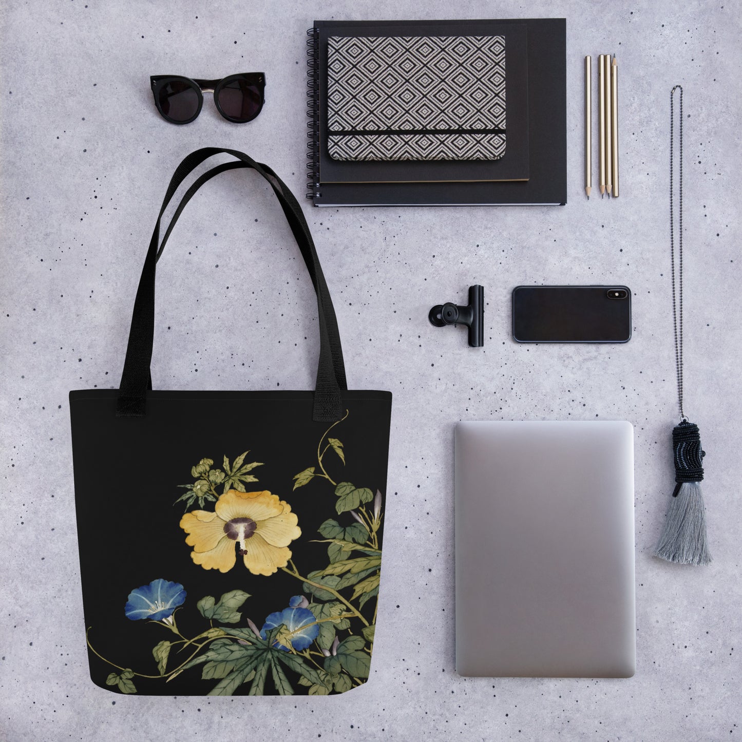 The Spirit of Flowers in Twelve Months｜Okra and White-edged Morning Glory in Bloom｜Tote bag｜Black