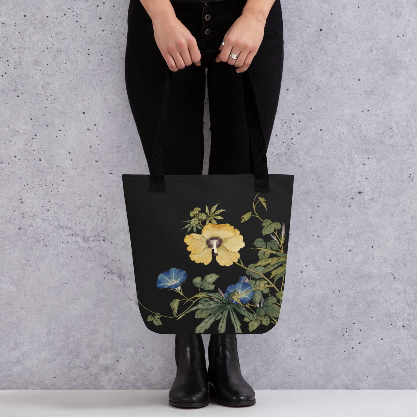 The Spirit of Flowers in Twelve Months｜Okra and White-edged Morning Glory in Bloom｜Tote bag｜Black