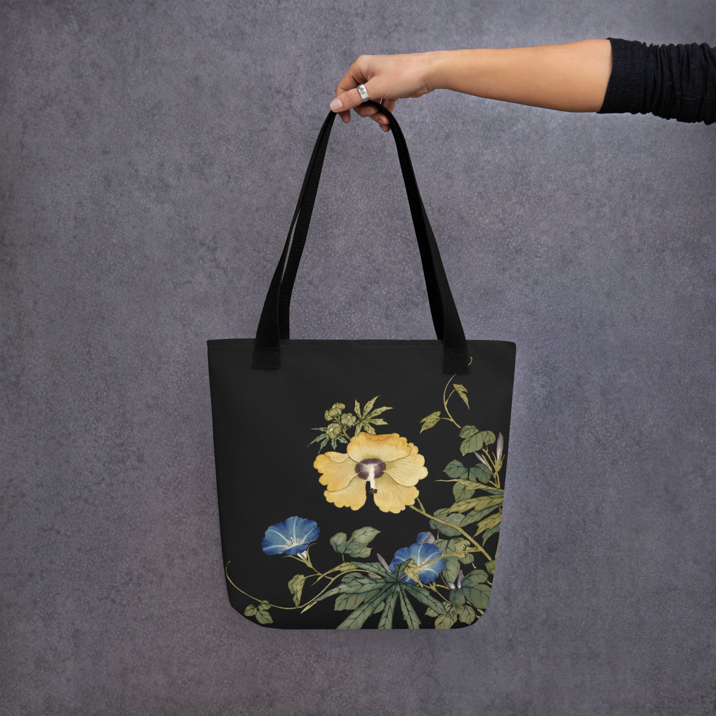 The Spirit of Flowers in Twelve Months｜Okra and White-edged Morning Glory in Bloom｜Tote bag｜Black