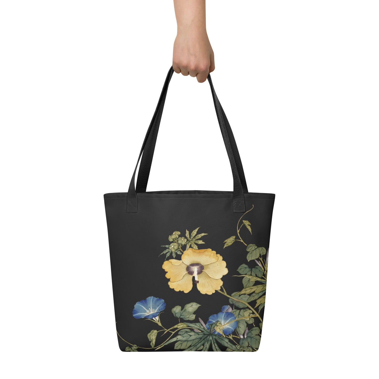 The Spirit of Flowers in Twelve Months｜Okra and White-edged Morning Glory in Bloom｜Tote bag｜Black