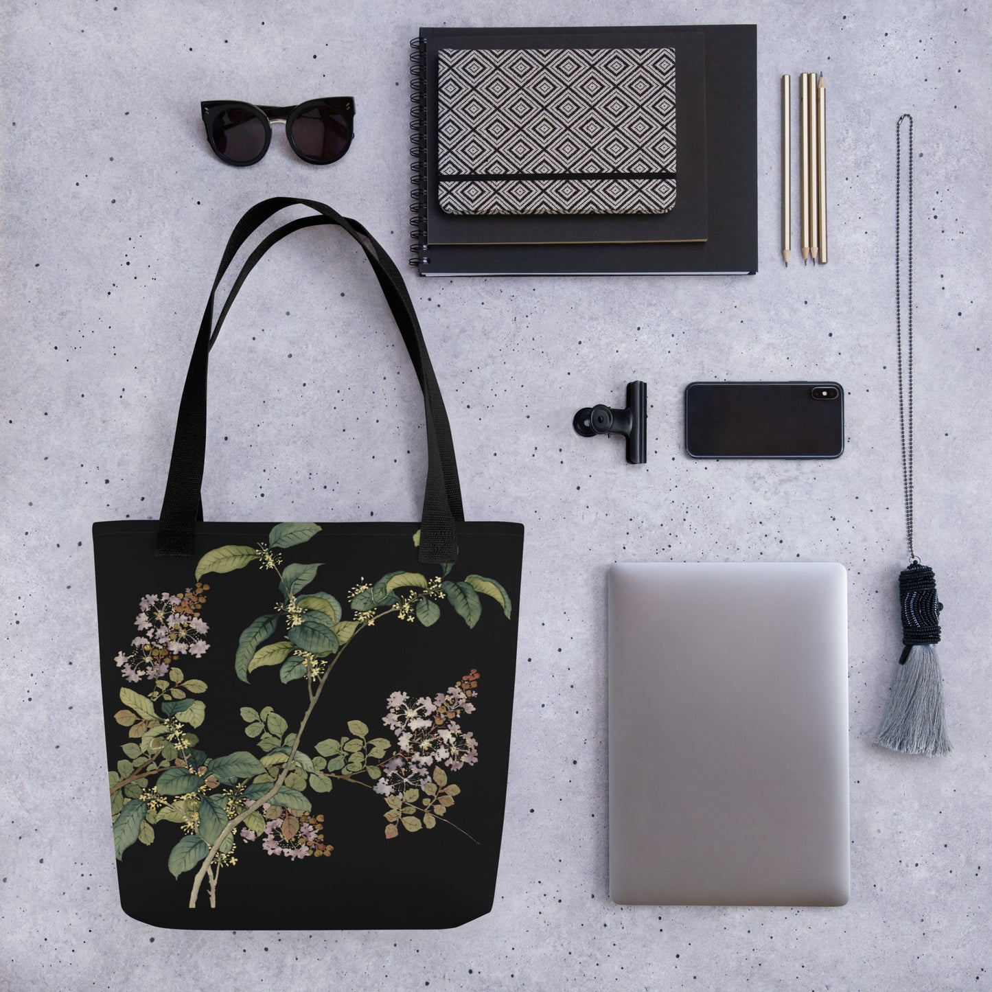 The Spirit of Flowers in Twelve Months｜Osmanthus and Crape Myrtle in Bloom｜Tote bag｜Black