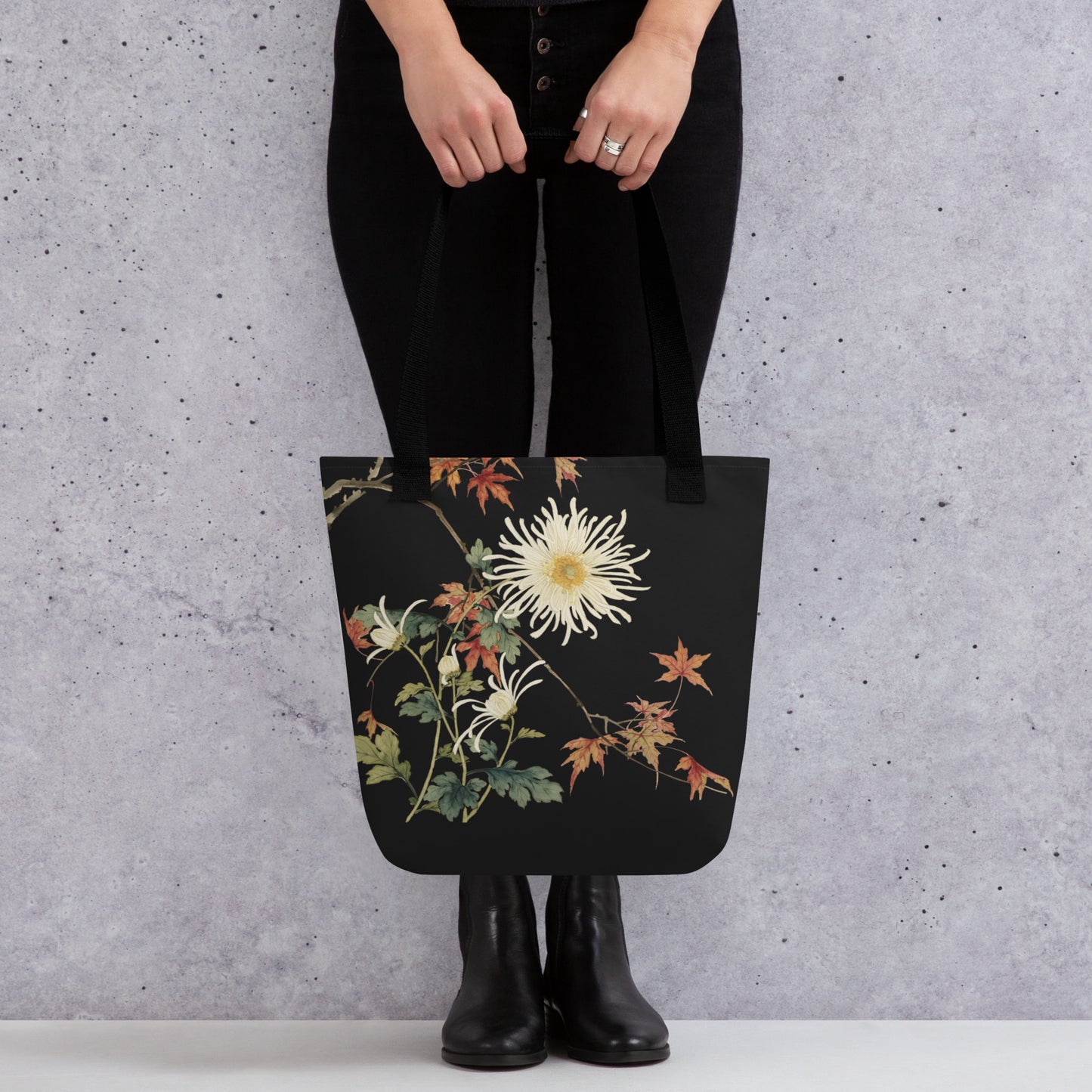 12月の花神様｜Blooming Chrysanthemum and Maple Leaves｜Tote bag｜Black