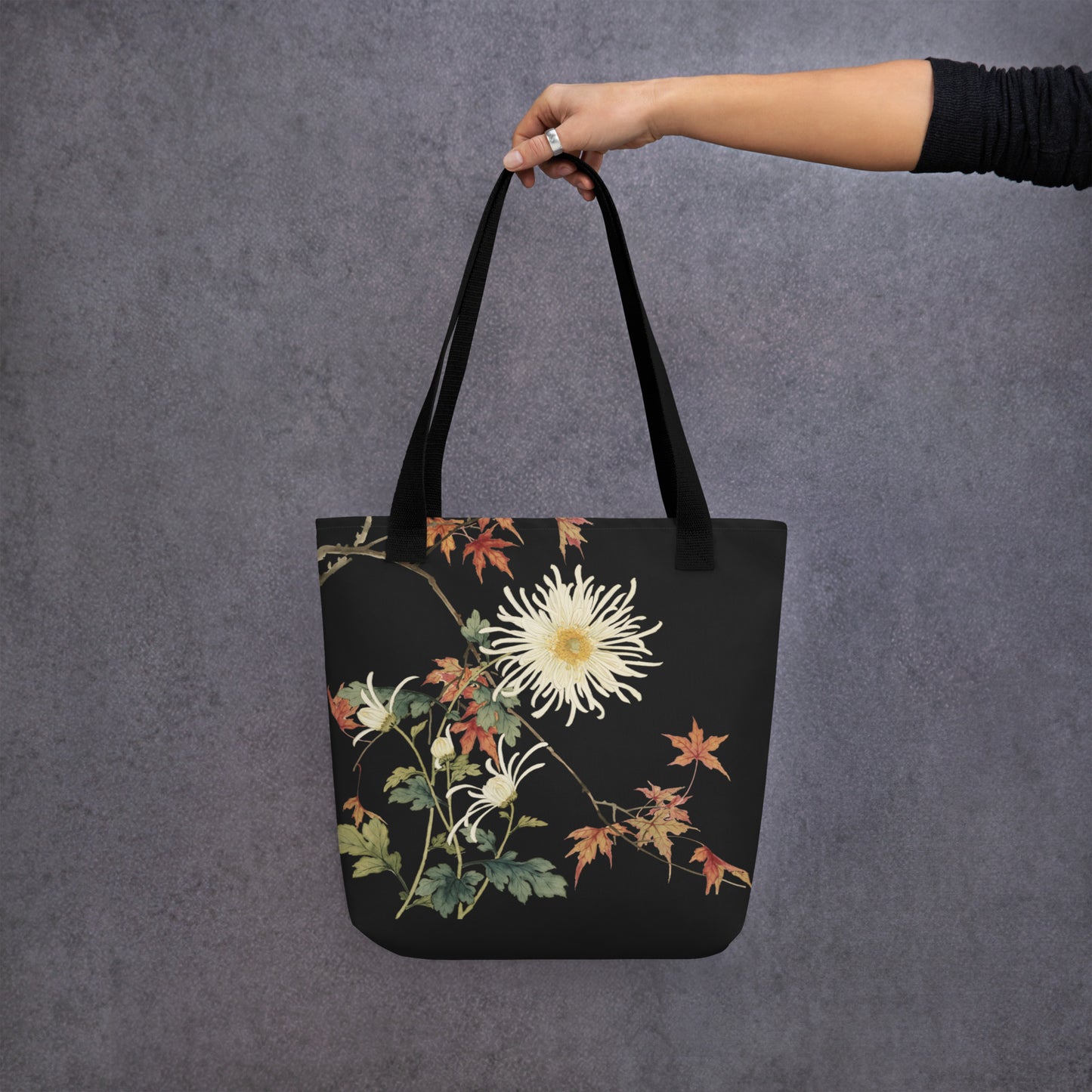 The Spirit of Flowers in Twelve Months｜Blooming Chrysanthemum and Maple Leaves｜Tote bag｜Black