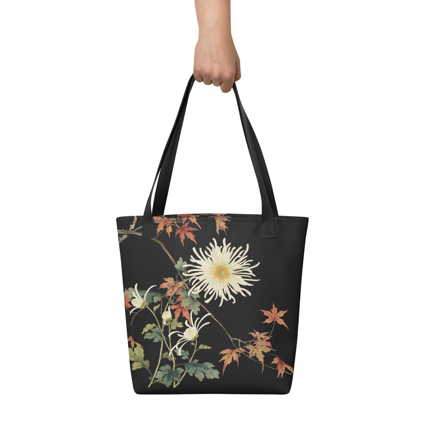 12月の花神様｜Blooming Chrysanthemum and Maple Leaves｜Tote bag｜Black