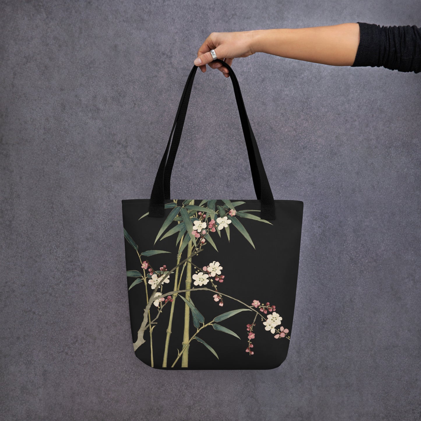 12月の花神様｜Crimson Plum Blossom and Lush Green Bamboo｜Tote bag｜Black