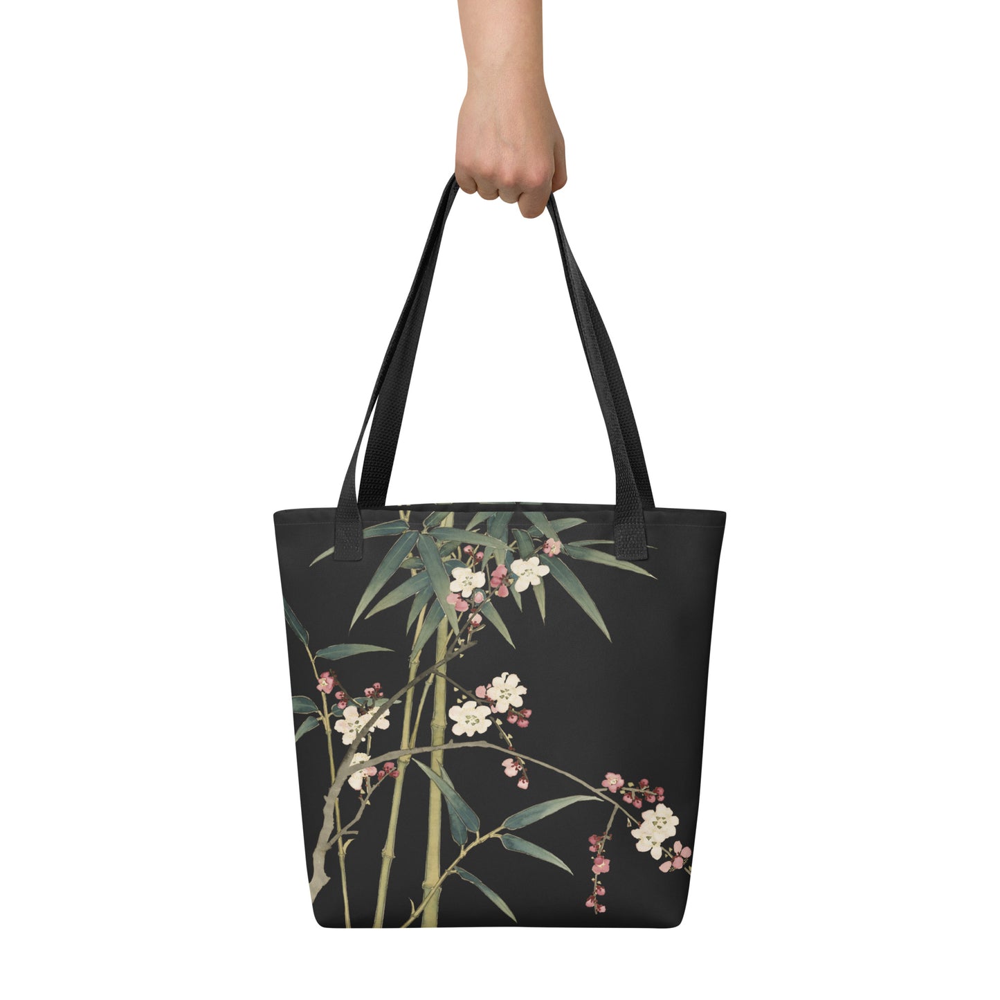 12月の花神様｜Crimson Plum Blossom and Lush Green Bamboo｜Tote bag｜Black