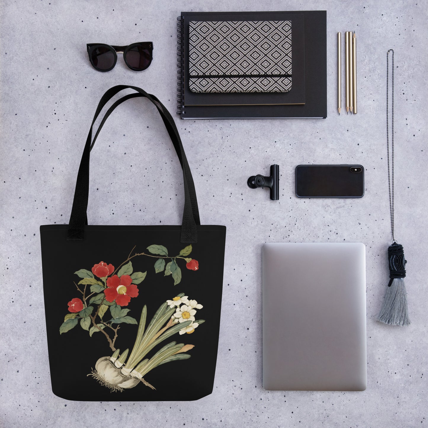 The Spirit of Flowers in Twelve Months｜Narcissus and Camelia in Bloom｜Tote bag｜Black