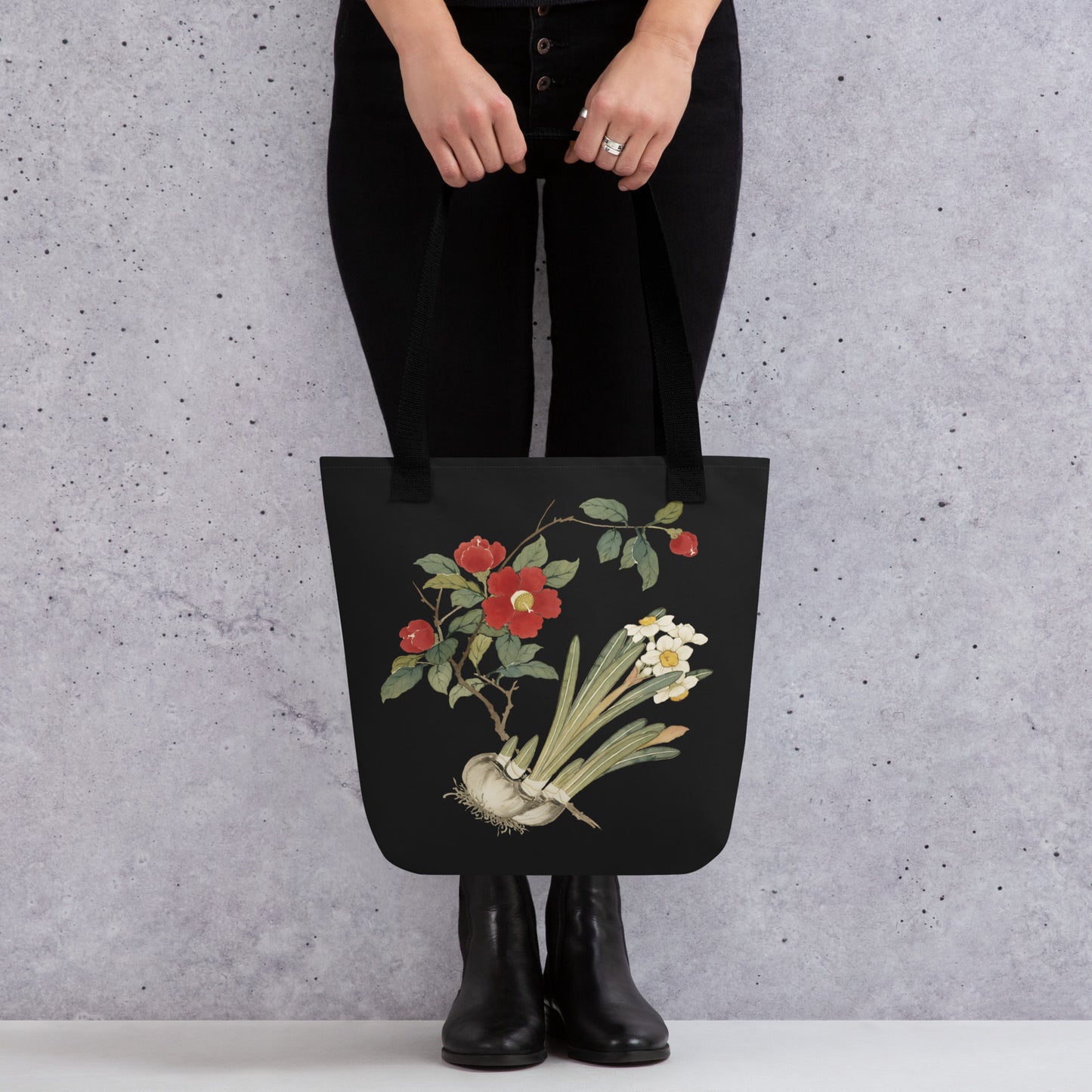 The Spirit of Flowers in Twelve Months｜Narcissus and Camelia in Bloom｜Tote bag｜Black