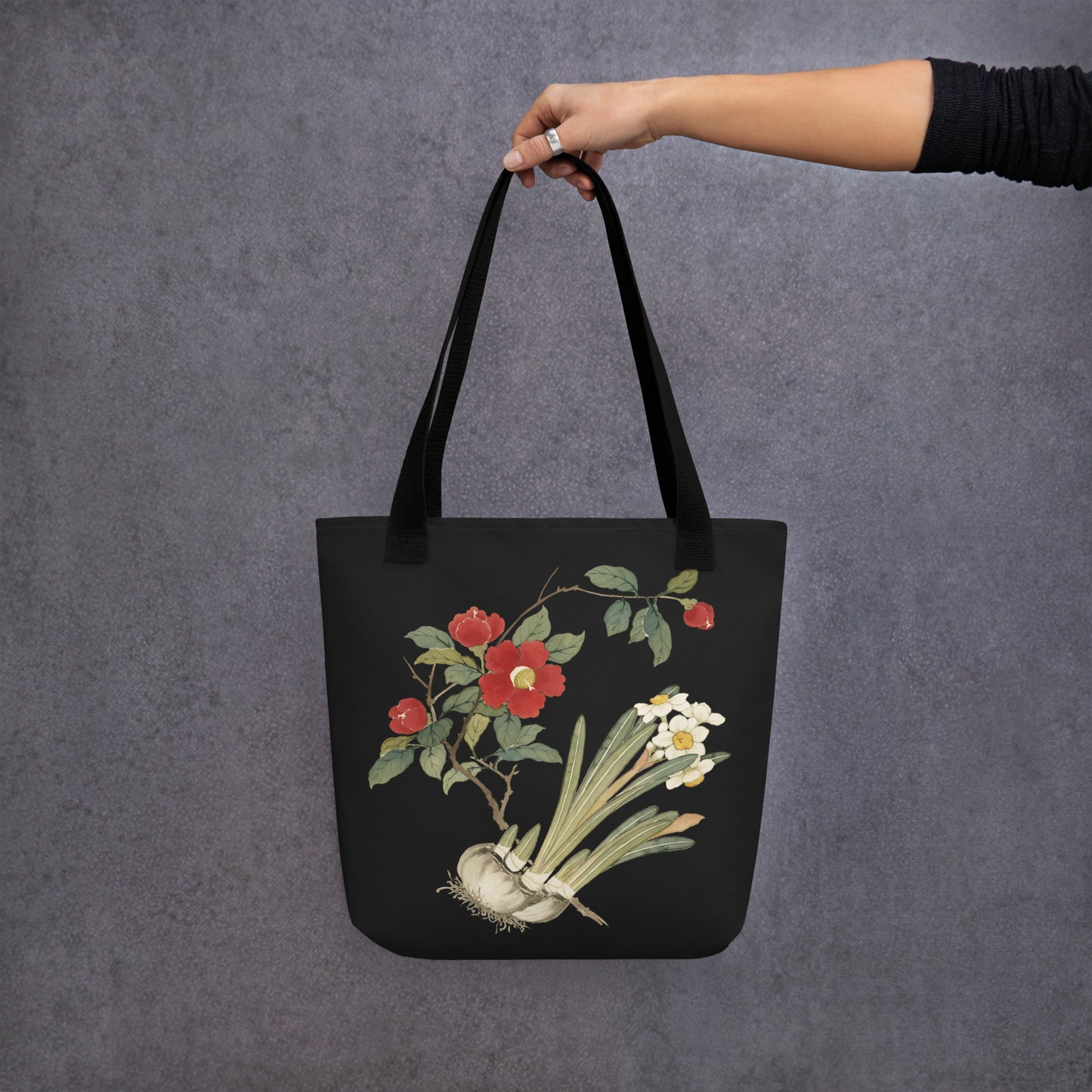 The Spirit of Flowers in Twelve Months｜Narcissus and Camelia in Bloom｜Tote bag｜Black