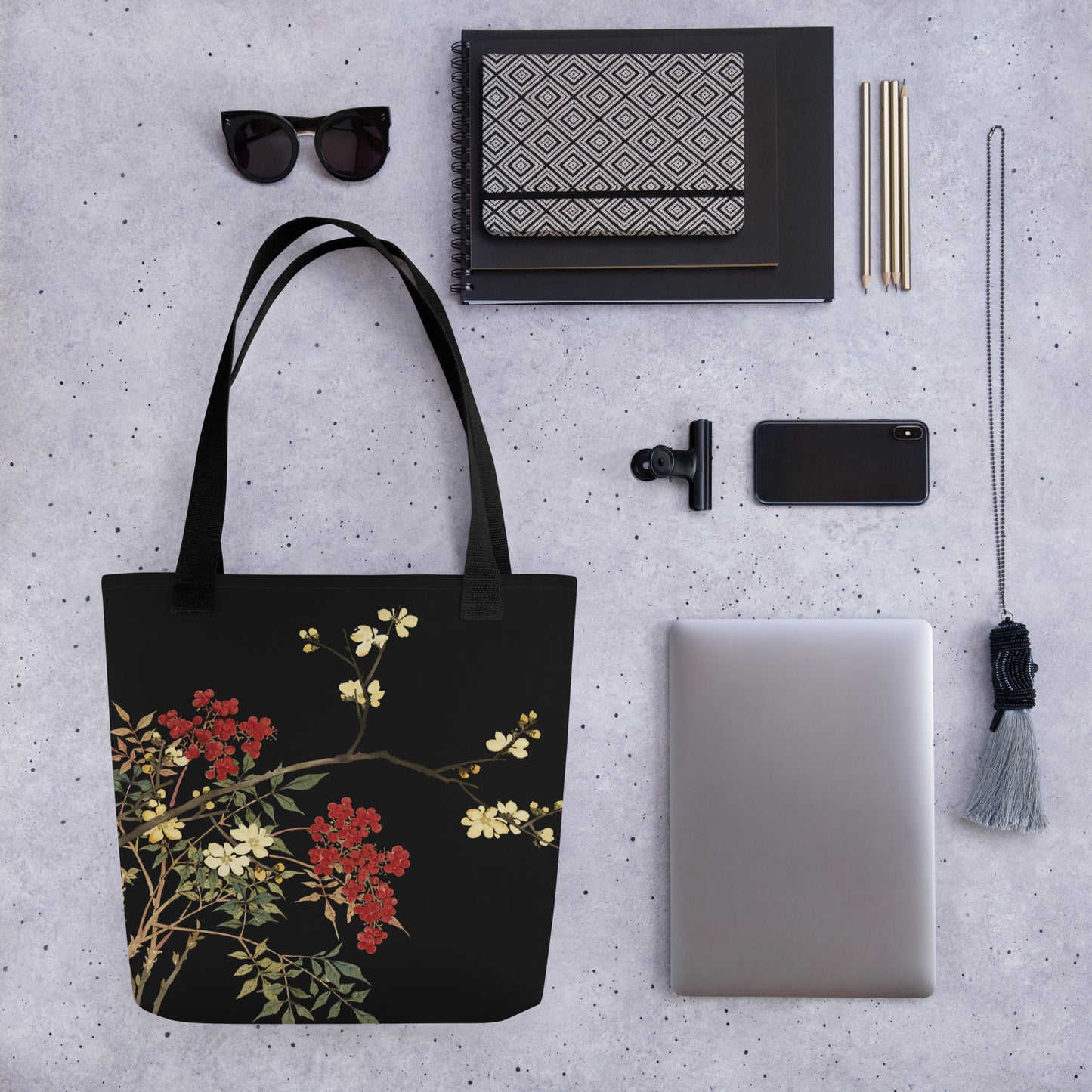 The Spirit of Flowers in Twelve Months｜Blooming Wintersweet and Heavenly Bamboo｜Tote bag｜Black