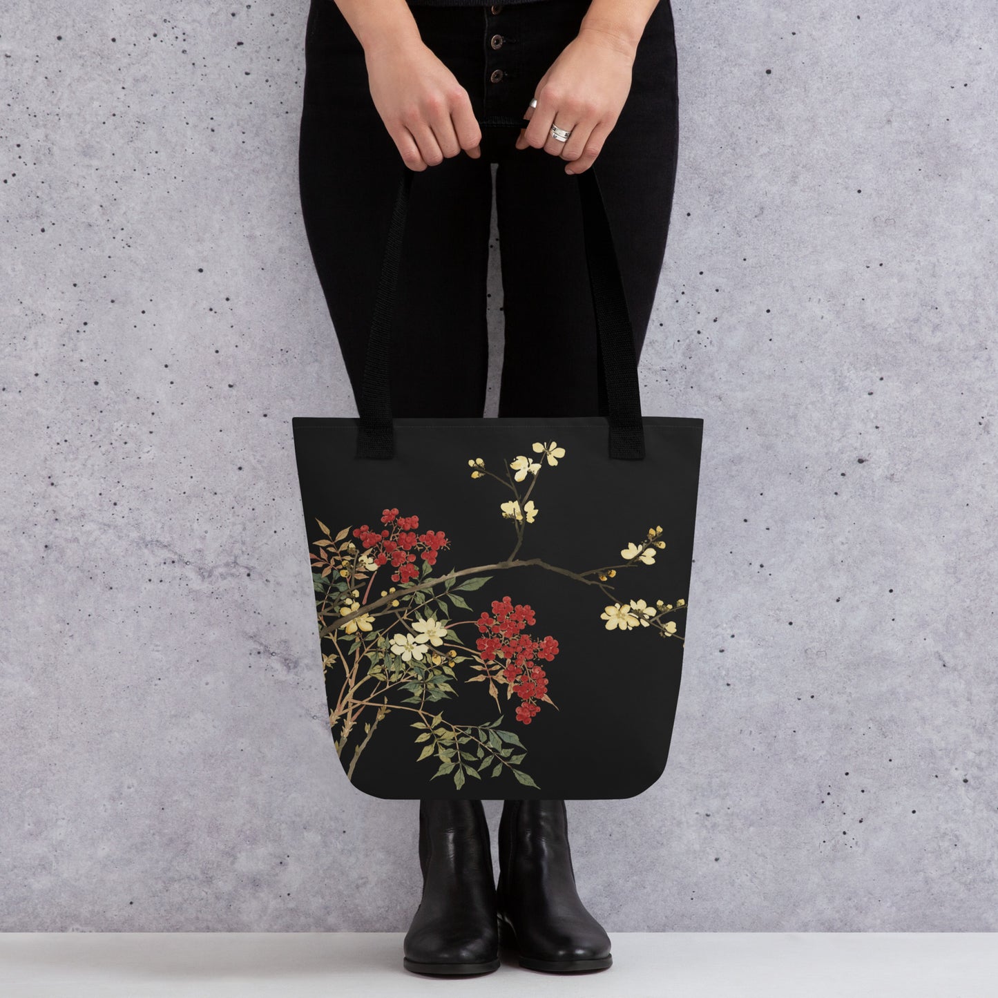 The Spirit of Flowers in Twelve Months｜Blooming Wintersweet and Heavenly Bamboo｜Tote bag｜Black