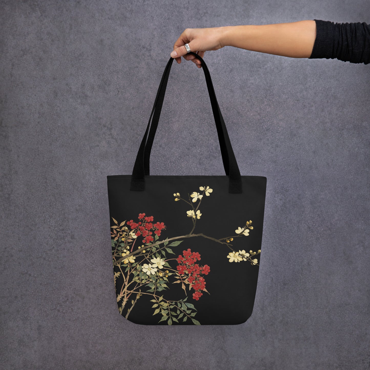 The Spirit of Flowers in Twelve Months｜Blooming Wintersweet and Heavenly Bamboo｜Tote bag｜Black