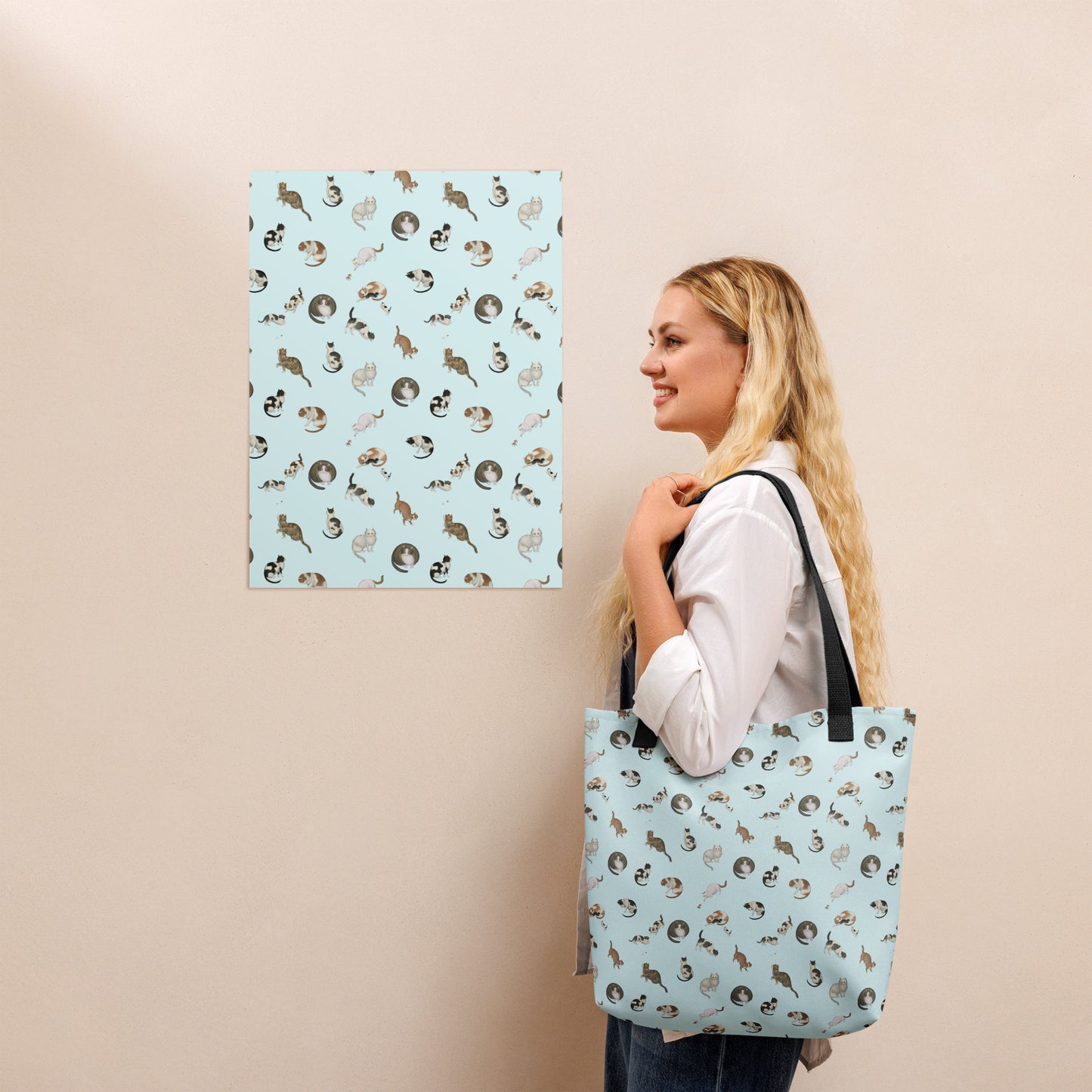 Cats And Butterflies Of Longevity｜Tote bag｜Aqua blue