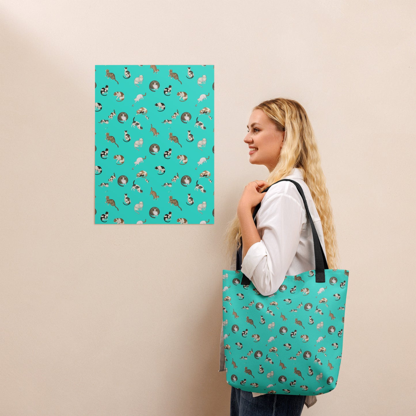 Cats And Butterflies Of Longevity｜Tote bag｜Turquoise