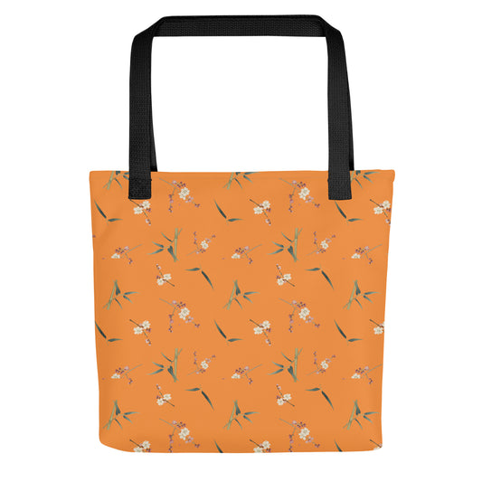 The Spirit of Flowers in Twelve Months｜Crimson Plum Blossom and Lush Green Bamboo｜Tote bag｜seamless print｜Orange