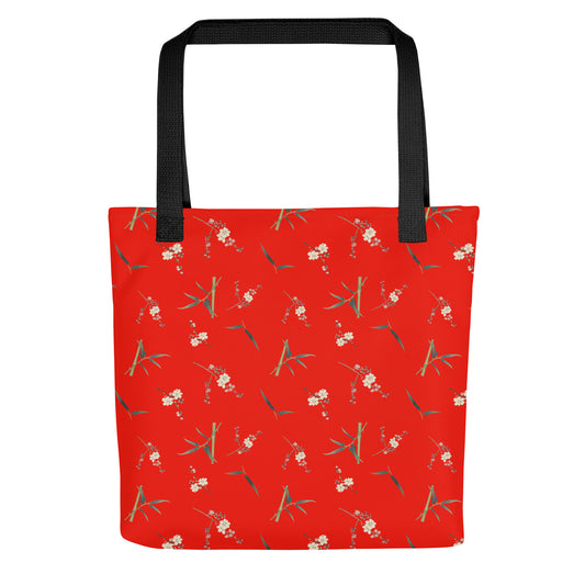 The Spirit of Flowers in Twelve Months｜Crimson Plum Blossom and Lush Green Bamboo｜Tote bag｜seamless print｜Garnet red