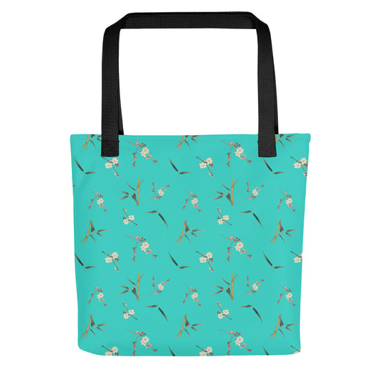 The Spirit of Flowers in Twelve Months｜Crimson Plum Blossom and Lush Green Bamboo｜Tote bag｜seamless print｜Turquoise