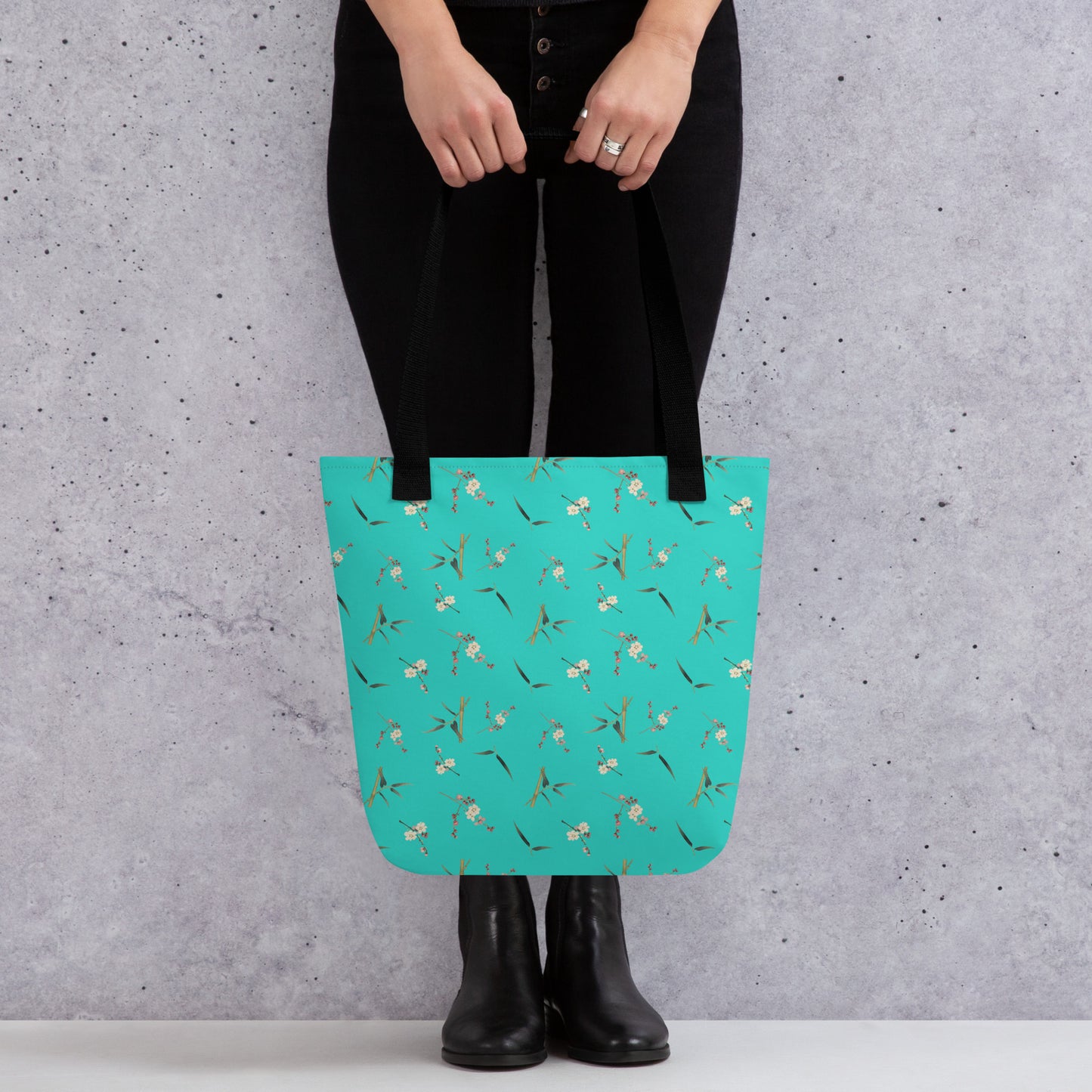 The Spirit of Flowers in Twelve Months｜Crimson Plum Blossom and Lush Green Bamboo｜Tote bag｜seamless print｜Turquoise