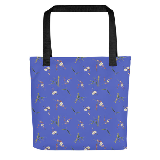 The Spirit of Flowers in Twelve Months｜Crimson Plum Blossom and Lush Green Bamboo｜Tote bag｜seamless print｜Royal blue