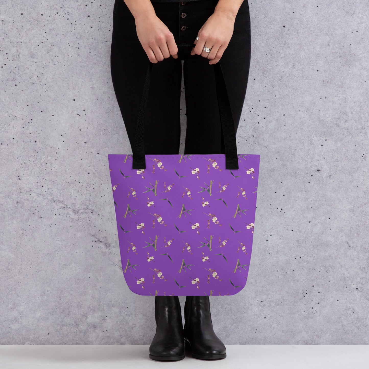 The Spirit of Flowers in Twelve Months｜Crimson Plum Blossom and Lush Green Bamboo｜Tote bag｜seamless print｜Purple