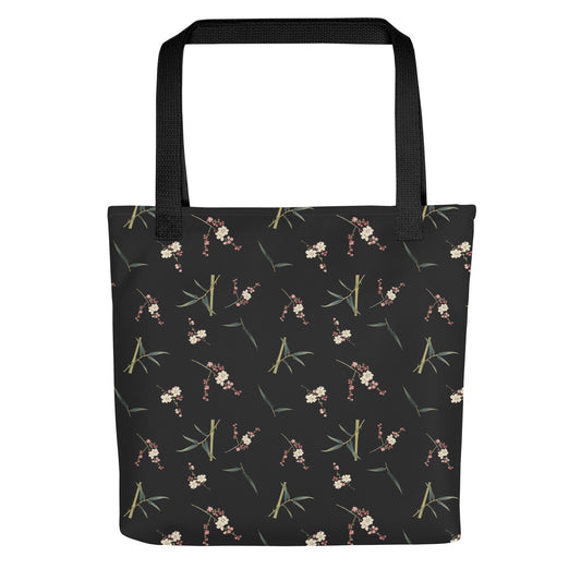 The Spirit of Flowers in Twelve Months｜Crimson Plum Blossom and Lush Green Bamboo｜Tote bag｜seamless print｜Black