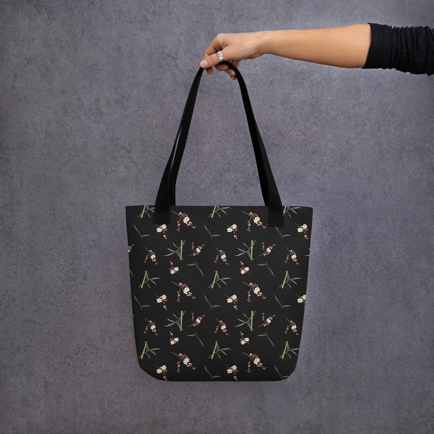 The Spirit of Flowers in Twelve Months｜Crimson Plum Blossom and Lush Green Bamboo｜Tote bag｜seamless print｜Black