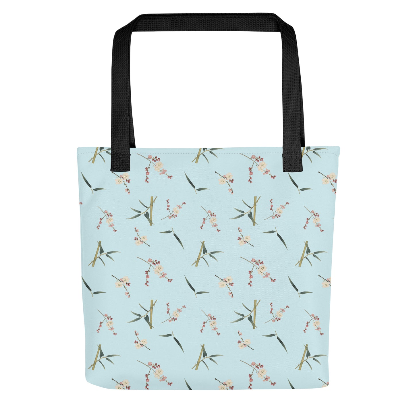 The Spirit of Flowers in Twelve Months｜Crimson Plum Blossom and Lush Green Bamboo｜Tote bag｜seamless print｜Aqua blue